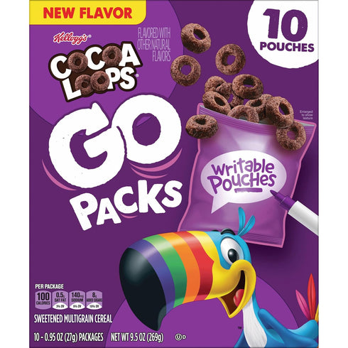 Packs 9.5oz (10 Kellogg's Cocoa Loops Go Cereal, Kids Snacks, Lunch Snacks, Original, Box Pouches)