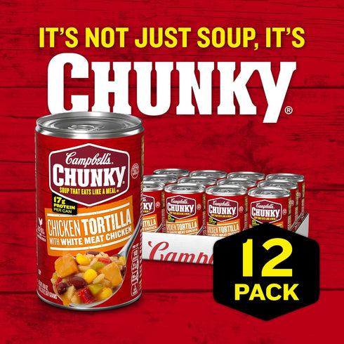 18.6 Oz 12) Campbell's Chunky Soup, Chicken Tortilla Soup with Grilled White Meat Chicken, Can (Case