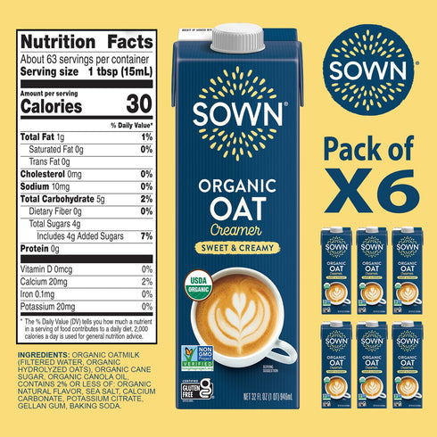 32oz (Pack 6) SOWN Organic Oat Creamer Sweet & Creamy - Barista Oat Milk Non Dairy Coffee Creamer - Plant Based
