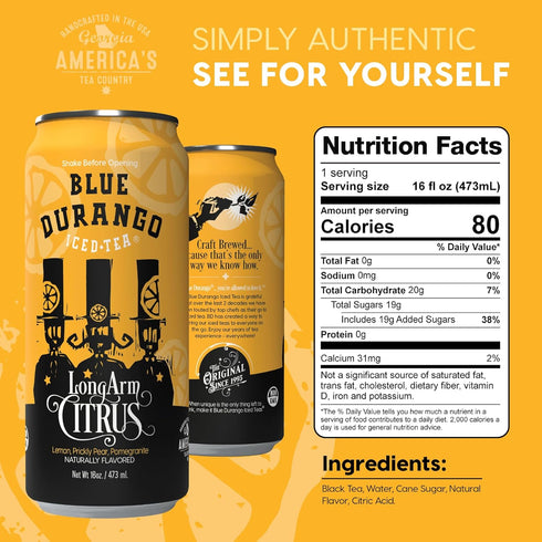 16 oz (12 Pack) Blue Durango Iced Tea - Long Arm Citrus - Black Tea, Lemon, Prickly Pear, Pomegranate - Low Sugar