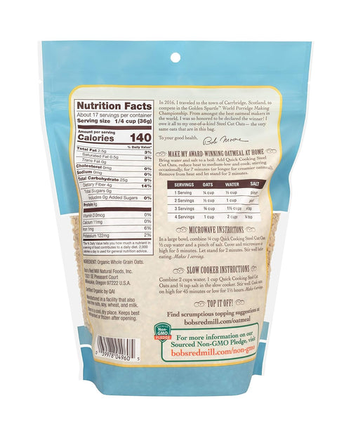 22oz (Pack 4) Bob's Red Mill Organic Quick Cooking Steel Cut Oats, of - Non GMO, Whole Grain, Vegan, Kosher