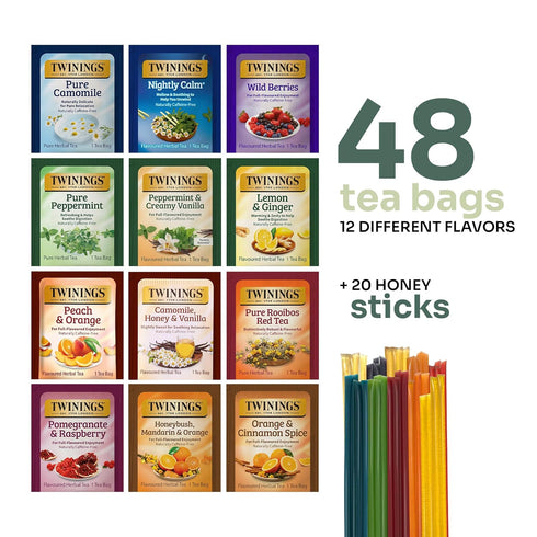 Twinings 48 Pack 12 20 Set Tea Bags Herbal Variety Herbal Flavors with Honey Sticks, Perfect Tea Gift for Any Occasion
