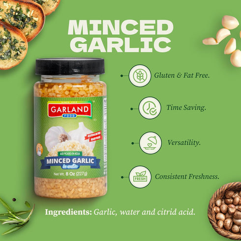8 oz Garland Food Minced Garlic in Water Made in the USA - Minced Garlic in Jar for Fresh Flavor, Time-Saving Prep