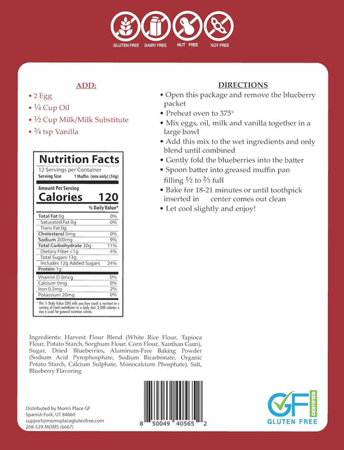 12 14.5 oz Mom's Place Gluten-Free Blueberry Muffin Mix, Easy to Make, Nut Free, Soy Free & Dairy Free, Servings