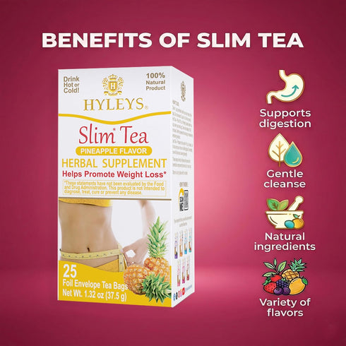25 (6 Pack) Hyleys Slim Tea Pineapple Flavor - Weight Loss Herbal Supplement Cleanse and Detox - Tea Bags