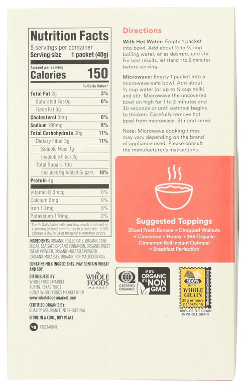 365 11.3 by Whole Foods Market, Organic Instant Oatmeal, Cinnamon Roll Flavor, Ounce