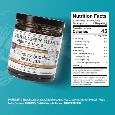 11 oz Terrapin Ridge Farms Blueberry Bourbon Pecan Jam - Sweet & Flavorful Jam with Blueberries, Pecans, Raisins