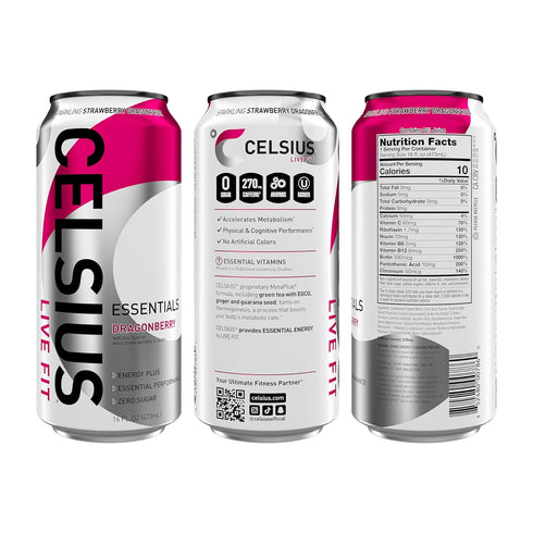 16 Oz (Pack 12) CELSIUS ESSENTIALS Sparkling Dragonberry, Sugar Free Performance Energy Drink, Fl