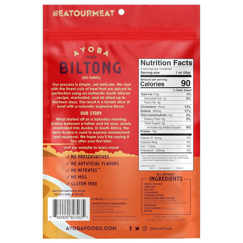 Ayoba Spicy Grass Fed Beef Biltong Slices - 4 Ounce, Pack of 1 - Keto Friendly Air-Dried Grass Fed Beef Snacks