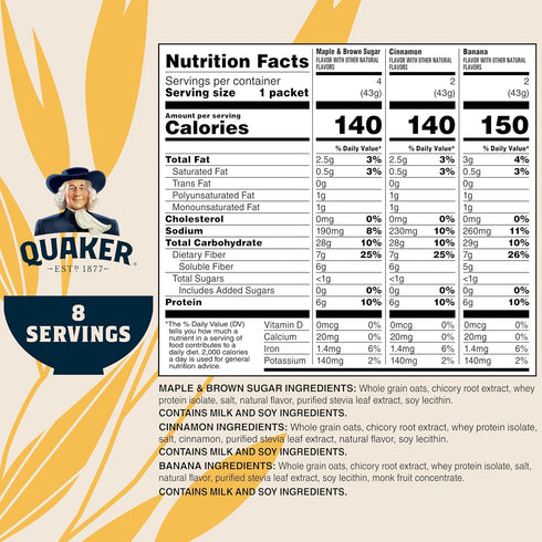Pack 8, 12.1 Quaker Instant Oatmeal Fiber Protein Variety Ounce