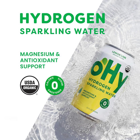 12 Pack (12oz oHy Hydrogen Sparkling Water Magnesium & Antioxidant Hydration, Zero Sugar, Zero Calories, Lemon Lime