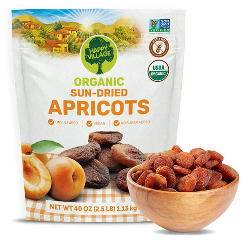 Happy Village Organic Turkish Dried Apricots, No Sugar Added Dried Fruit, 40