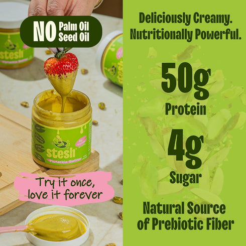 (8 oz Stesh Pistachio Butter Jar) | Prebiotic Fiber Protein Spread, Natural Vegan Creamy High Protein Pistachio Nut