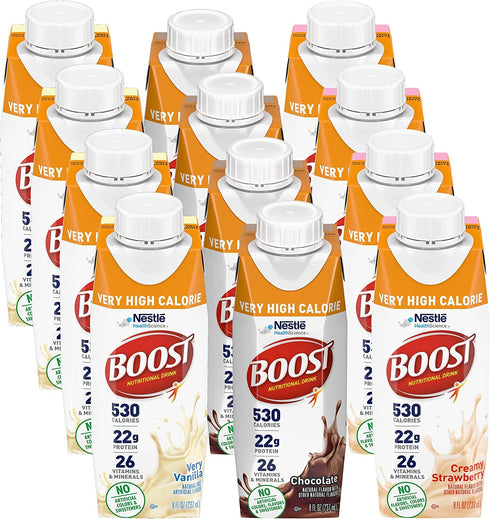 BOOST Very High Calorie Nutritional Drink Variety Pack, 12 Count 4 Vanilla,