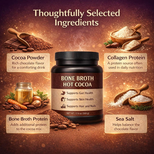 17.6oz/500g (1) Bone Broth Hot Cocoa, Grass-Fed Beef Bone Broth & Collagen Blend with Cocoa Powder