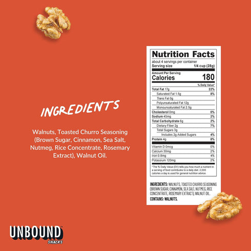 4 oz (Pack 4) 4g 3g 3, Unbound Snacks Flavored Nuts - Toasted Churro Walnuts, of - Healthy Snacks, Protein, Sugar, High