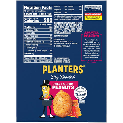 Packs, 1.75oz (18 Pack) PLANTERS Sweet and Spicy Peanuts, Dry Roasted Peanuts, Spicy Nuts, Nuts Individual Party
