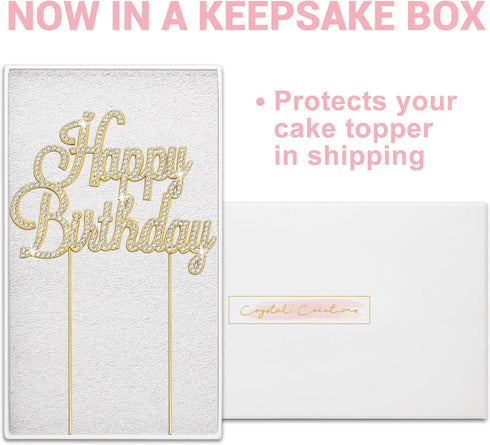 Happy Birthday Cake Topper - Premium Gold Metal, Sparkly Rhinestone Decoration Makes a Great Centerpiece