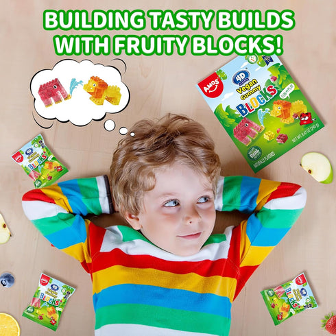 4D Gummy (8.47 oz Pack 1) AMOS Vegan Blocks Candy Assorted Fruit Flavors, Made with Real Juice, Fun-to-Build Edible