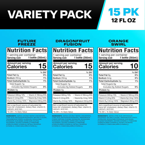 12 Oz, 15 Pack PRIME HYDRATION Variety, Dragonfruit Fusion, Orange Swirl, & Future Freeze Sports Drinks, Electrolyte