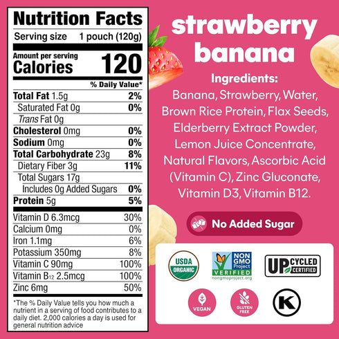 Immune 4.22 oz (Pack 12) Noka Superfood Fruit Smoothie Pouches with Support, Strawberry Banana, Healthy Snacks