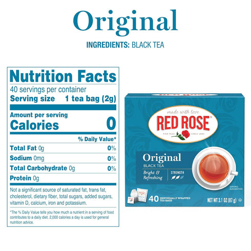 40 Pack 6 Red Rose Original Full Flavored Black Tea Specially Blended Strong Black Tea with Tea Bags Per Box