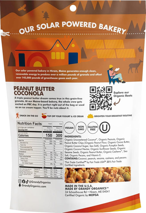 9oz Pack 3 Grandy Organics Peanut Butter Coconola Granola, Certified Organic, Gluten Free, Grain Free, Peanut Butter