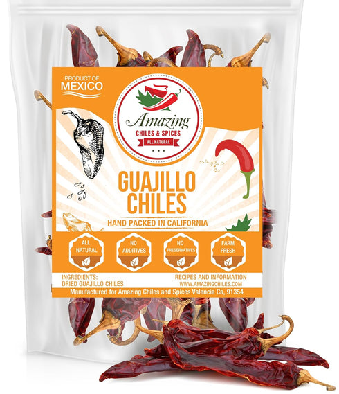 Guajillo Chiles Peppers Dried Whole 4 oz, Natural Premium for Mexican Recipes, Resealable Bag