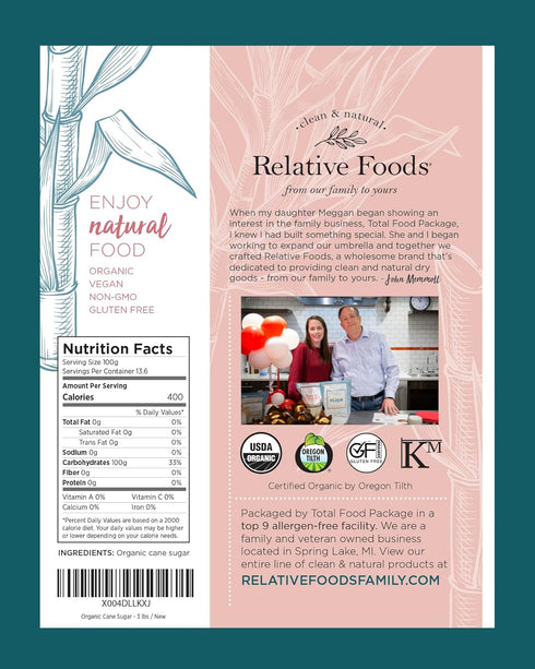 (3lb packet) Organic Cane Sugar Crystals sugar - Preservative & bone-char free, vegan food sugar substitute, gluten