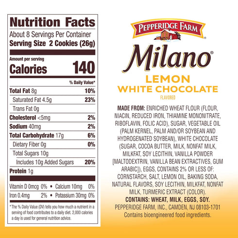 7 Oz Pepperidge Farm Milano White Chocolate Lemon Flavored Cookies, Bag