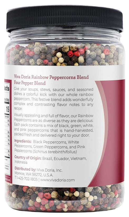 16 Oz, Viva Doria Rainbow Blend Peppercorn, Steam Sterilized Whole Black/Green Pepper, Whole Pink/White Pepper