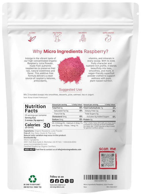 8oz 100% Organic Raspberry Juice powder, | Natural Fruit Powder | Freeze-Dried Raspberries Source | No Sugar