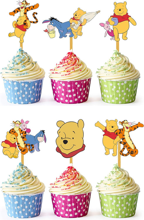24x Honey Bear Cupcake Toppers, Strong Picks for Happy Birthday Décor, Cupcake Decorations for Kids' Birthdays