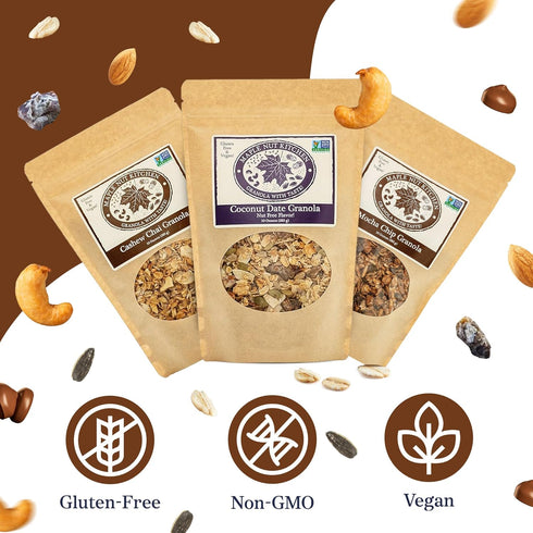 Pack 10 oz 3-Pack Maple Nut Kitchen Artisanal Variety Granola Bites - Cashew Chai, Mocha Chip, and Coconut Date | Each