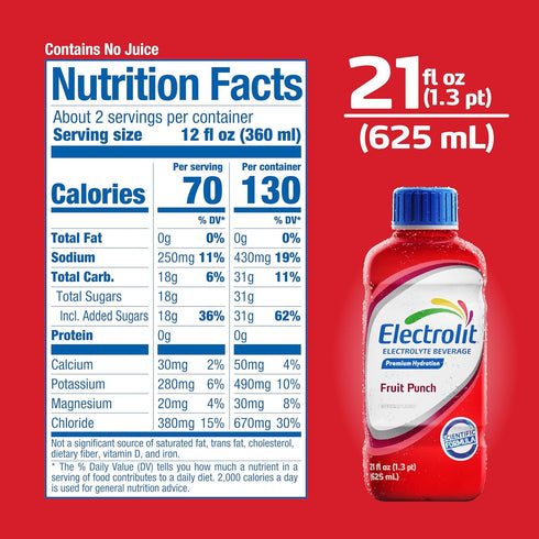 21 Oz (Pack 12) Electrolit, Electrolyte Beverage, Fruit Punch, Fl bottle