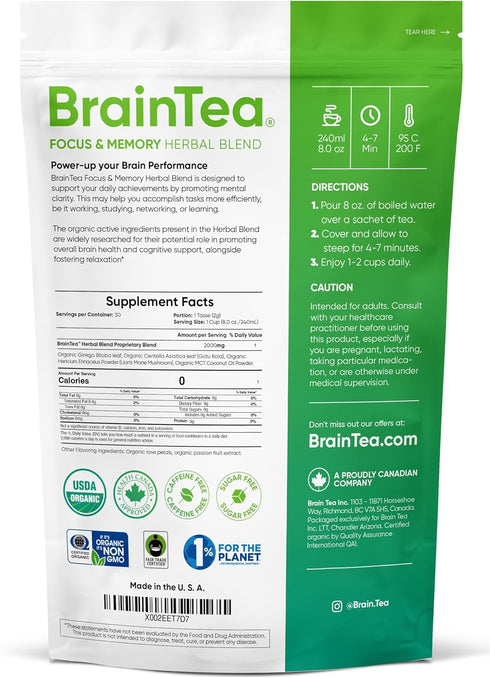 4-in-1 (30 Brain Tea Focus & Memory - Brain Tea Organic Certified Nootropic Herbal Supplement with Ginkgo Biloba, Gotu