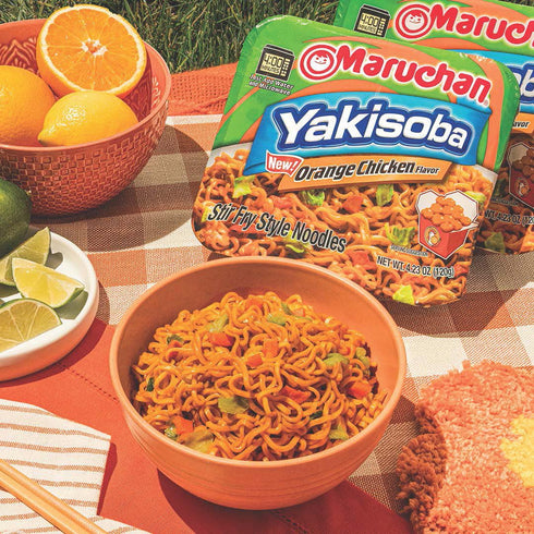 4.23 Oz. (8 Pack) Maruchan Yakisoba, Orange Chicken Flavor Stir-Fried Japanese Instant Ramen Noodles, High Protein
