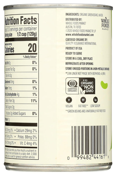365 14.5 (Pack 4) by Whole Foods Market, Organic Cut Green Beans, No Salt Added, Ounce