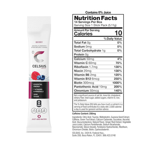 Packs, (14 Pack), 2.5 CELSIUS On-The-Go Powder Stick Zero Sugar Sticks per Berry, Ounce