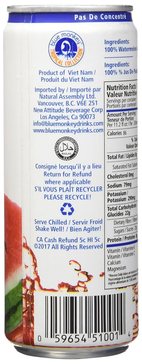 100% 11.2oz (330ml) 12-Pack Blue Monkey Pure Watermelon Juice - No Sugar Added, Not from Concentrate - Halal Certified