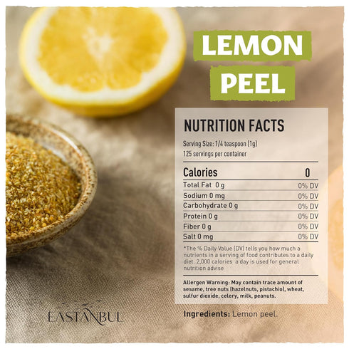 4.41oz, Eastanbul Lemon Peel, Dried Lemon Peel for Baking, Cooking, Marinades, and Rubs, Perfect for Tea, Granulated