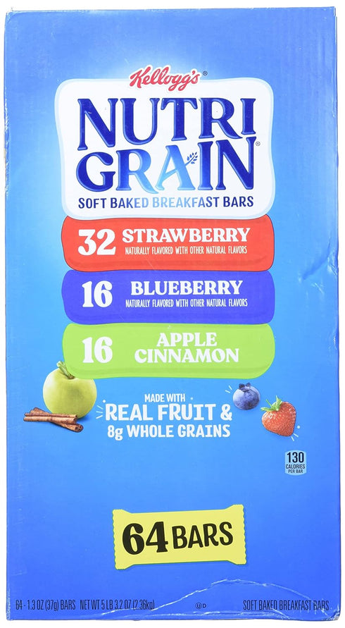 Kellogg's 1.3 Oz, 64 Count Cereal Bars Nutri-Grain Breakfast Bars, Variety, Strawberry,Blueberry