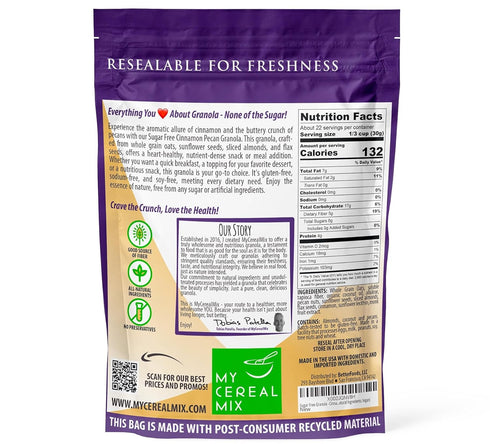 24oz MyCerealMix Sugar Free Granola Cinnamon Pecan Keto Diabetic Friendly Cereal, High Fiber, Gluten Free, Plant-Based