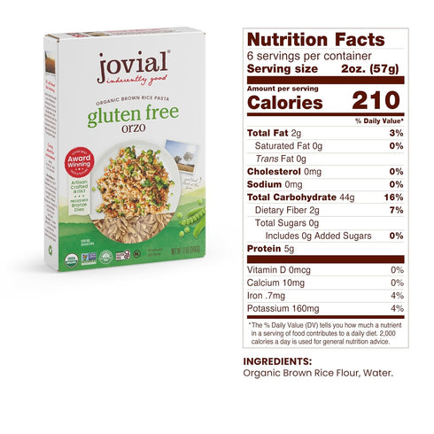 2 12 Oz (6 Pack) Jovial Organic Brown Rice Orzo Pasta - Gluten Free Whole Grain Orzo, Dairy Free, Made