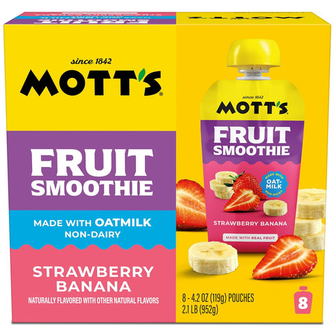 4.2 oz 8 Pack, Motts Fruit Smoothies Strawberry Banana, clear pouches, Non-dairy, Made With Oatmilk, Made With Real