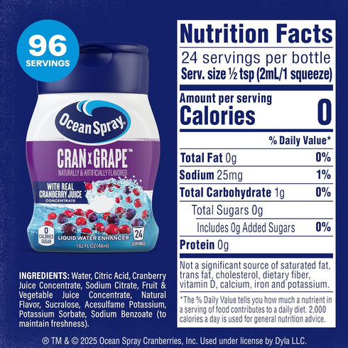 (4 96 Ocean Spray Liquid Water Enhancer, Cran-Grape, Zero Sugar with Real Cranberry Juice Bottles, Makes Flavored Water