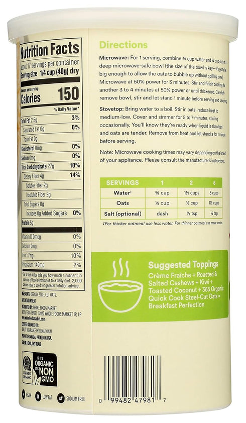 365 24 (Pack 2) by Whole Foods Market, Organic Quick Cook Steel Cut Oats, Ounce