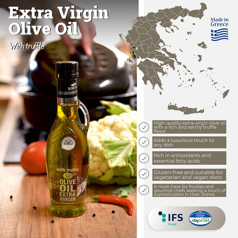 250 ml, 8.45 oz Extra Virgin olive oil with Truffle flavoured, KORVEL, glass bottle Amphora fl