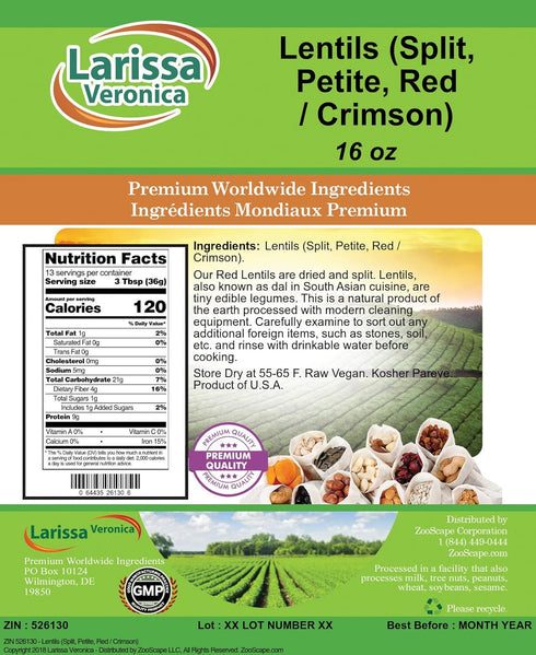 Larissa Veronica (16 oz, 526130) Lentils (Split, Petite, Red/Crimson) ZIN: