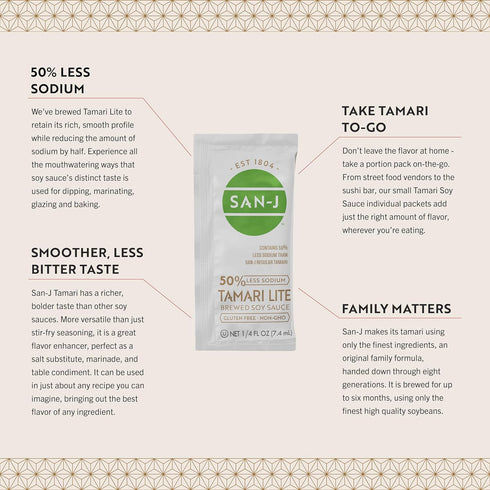50% 100% 1/4 oz. Packets 200 Pack San-J - Gluten Free Tamari Lite Soy Sauce with Less Sodium - Made with Soy